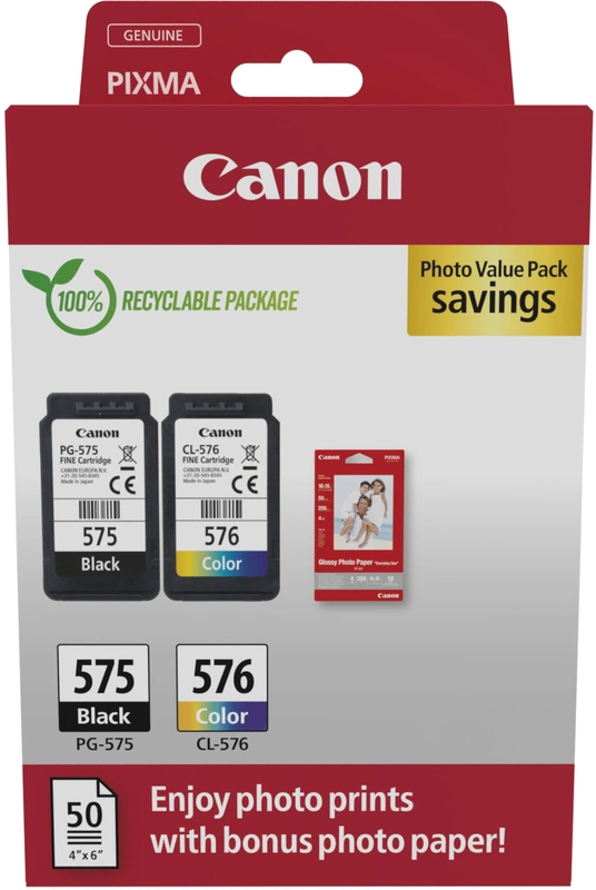 Canon PG-575/CL-576 Pack de 2 Cartouches d'Encre Originales + 50 Feuilles de Pap