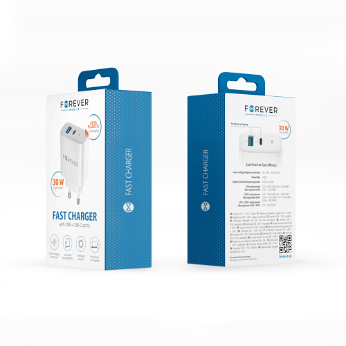 Forever TC-07-30AC PD QC chargeur 1x USB-C 1x USB 30W blanc