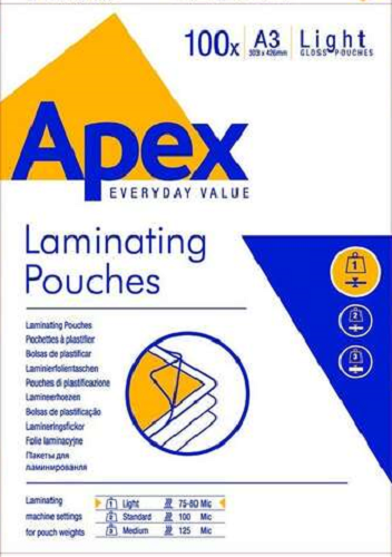 Apex Lot de 100 pochettes de plastification A3 - 125 microns - Finition de haute