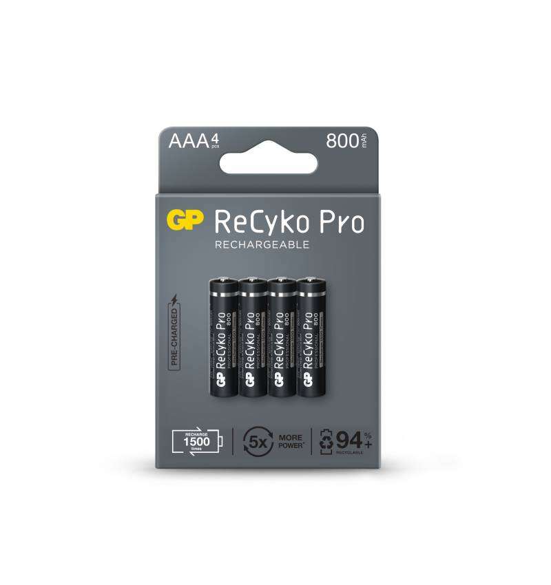 GP ReCyko Pro Pack de 4 Piles Rechargeables 800mAh AAA 1,2V - Préchargées - Duré