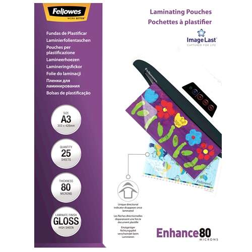 Fellowes Lot de 25 pochettes de plastification brillantes A3 - 80 microns - Haut