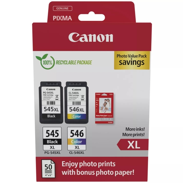 Canon PG-545XL/CL-546XL Pack de 2 Cartouches d'Encre Originales + 50 Feuilles de