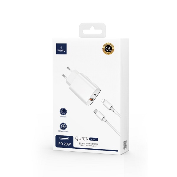 WIWU wall charger Wi-U002 PD + QC 20W 1x USB 1x USB-C white + cable USB-C - Ligh