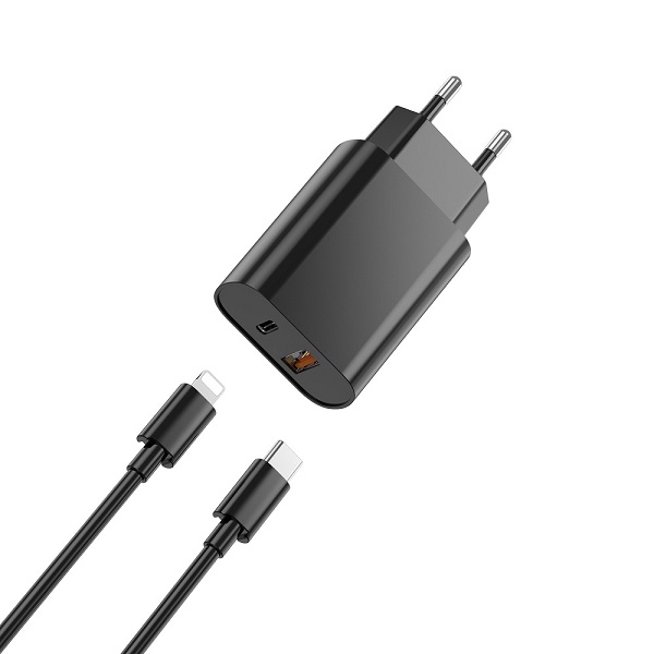 WIWU wall charger Wi-U002 PD + QC 20W 1x USB 1x USB-C black + cable USB-C - Ligh