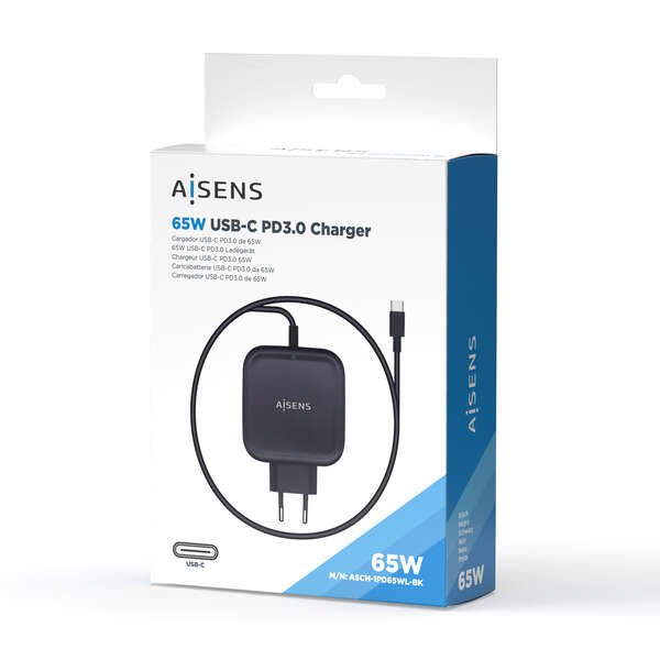 Chargeur Aisens 65W PD3.0 QC3.0 1xUSB-C 1.2m - Couleur Noir