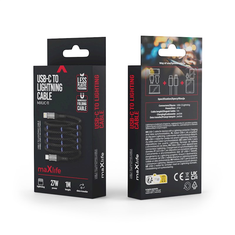 Maxlife MXUC-11 magnetic cable USB-C - Lightning 1,0 m 27W black nylon