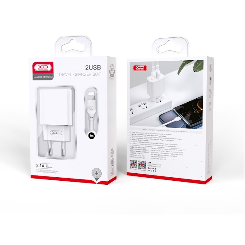 XO wall charger CE02C 2x USB 2,1A white + microUSB cable