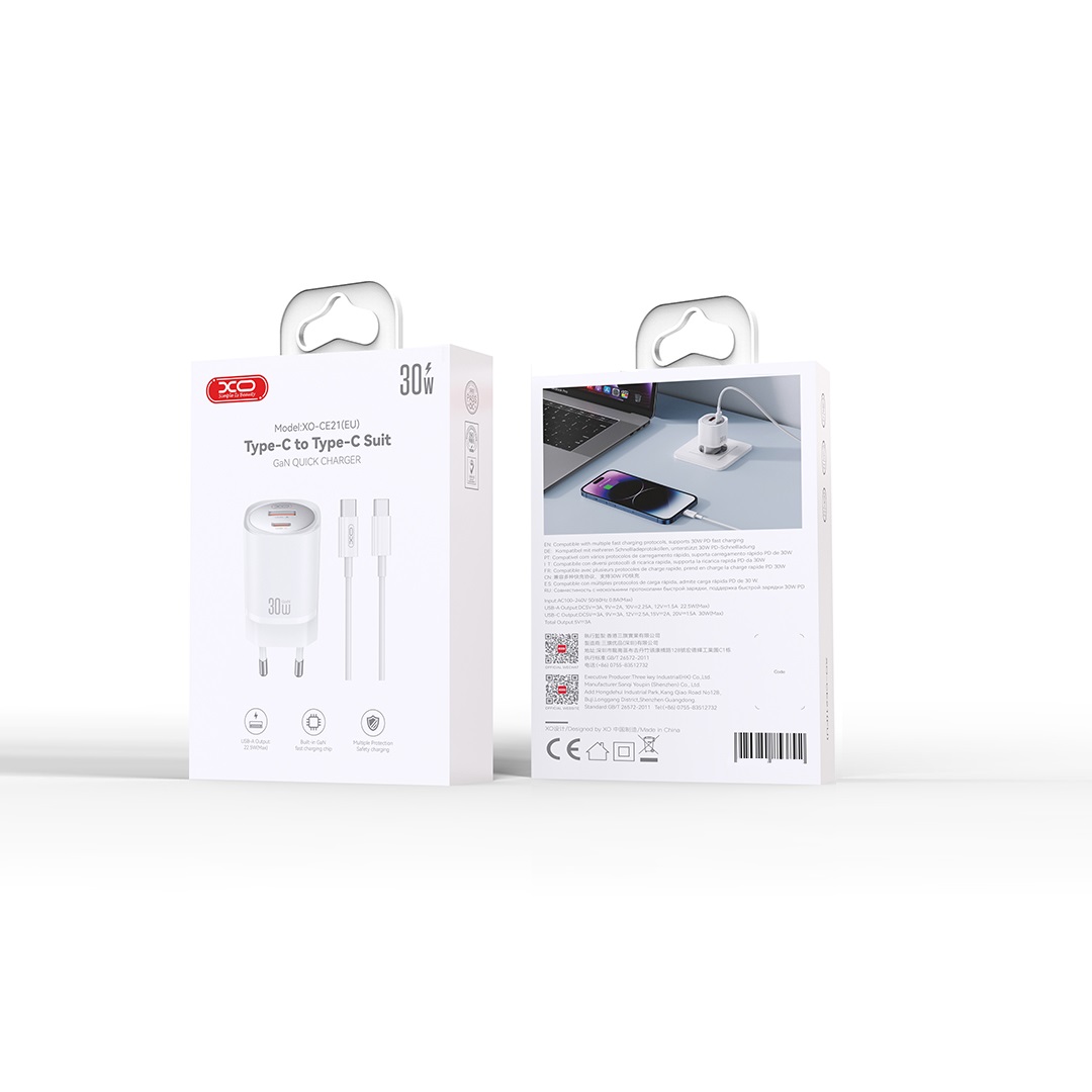 XO wall charger CE21 PD 30W 1x USB-C 1x USB white + cable USB-C - USB-C