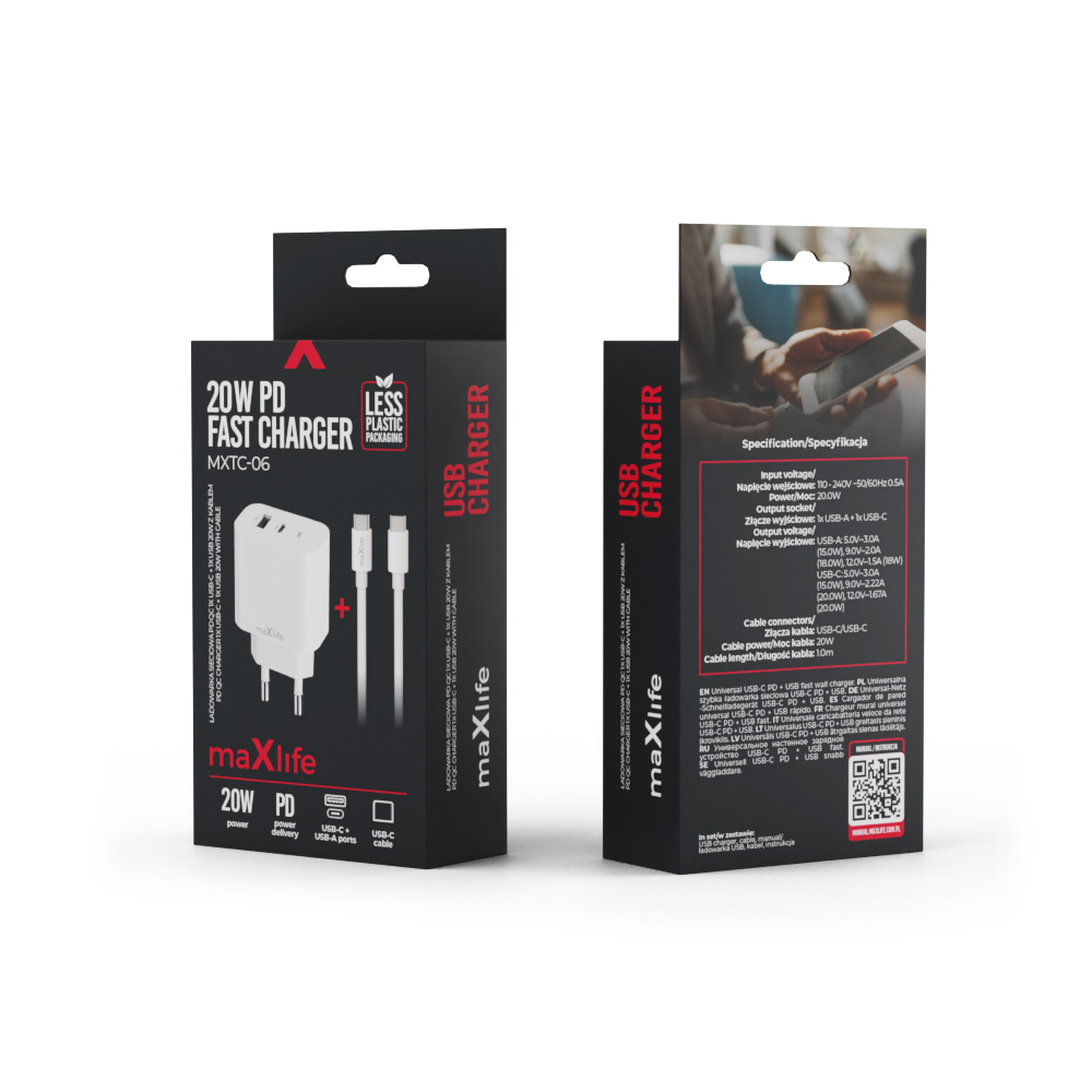 Maxlife MXTC-06-20AC PD QC charger 1x USB-C 1x USB 20W  white