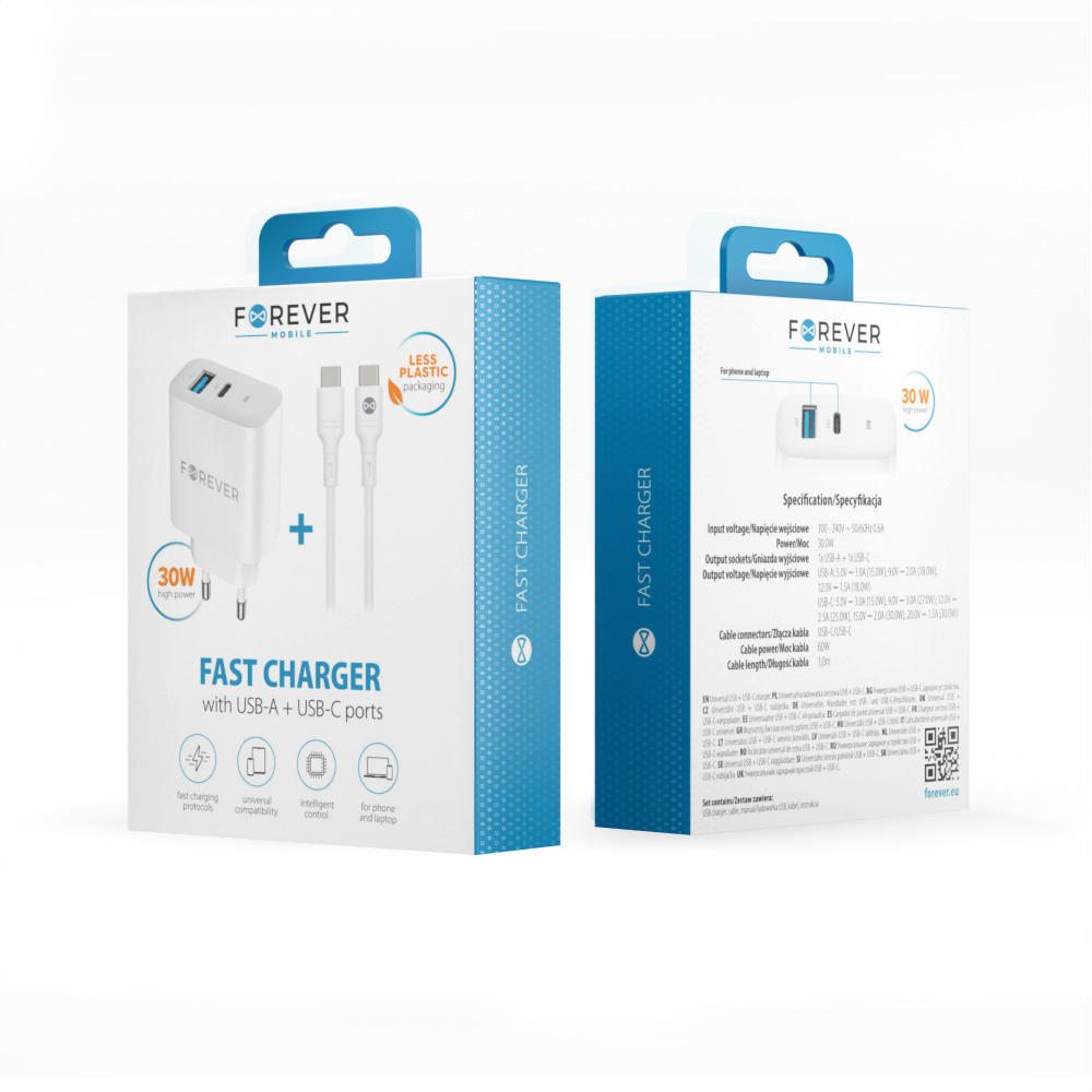 Forever TC-07-30AC PD QC charger 1x USB-C 1x USB 30W white + USB-C - USB-C cable