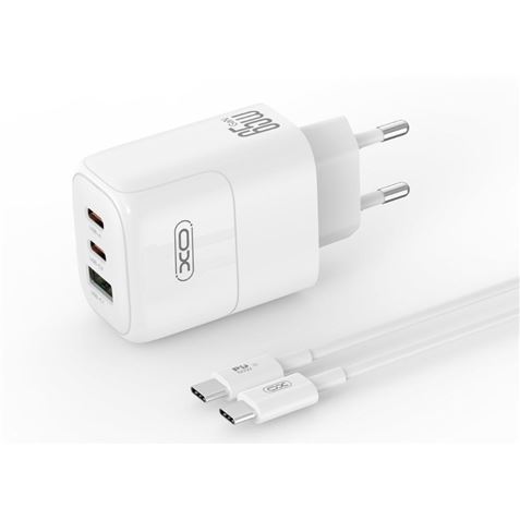 Chargeur mural universel XO XOL139 65 W - Charge rapide - 2 ports USB-C, 1 port USB-A - Câble USB-C - Blanc