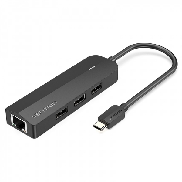 Concentrateur Vention 5 en 1 USB-C vers 3xUSB2.0/RJ45/Micro B alimenté - 0,15 m - Couleur : noir