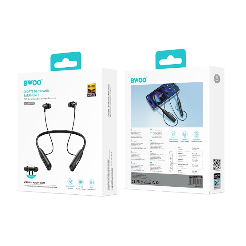 BWOO Stereo Sound Quality BT5.3 Neckband Earphone BW870 black