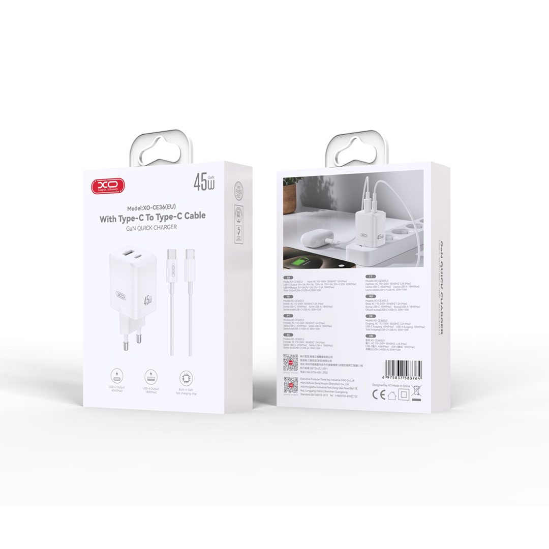 Chargeur mural XO CE36 PD 45W 1x USB-C 1x USB blanc + câble USB-C - USB-C