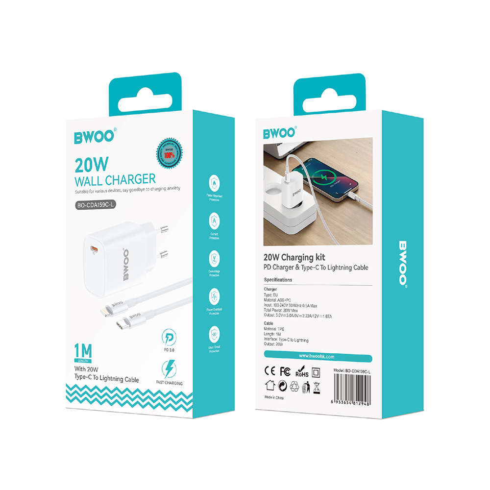 BWOO CDA159 PD wall charger 1x USB-C port + Lightning 20W  white